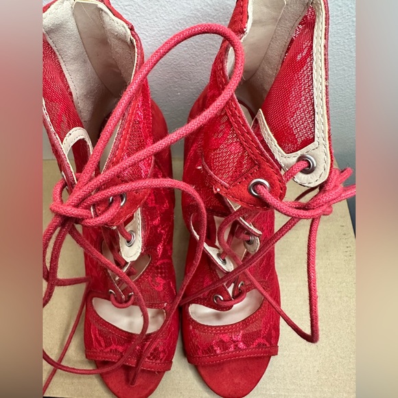Red Wrap Around Ankle Lace Up Heels / Charlotte Russe - Picture 3 of 13